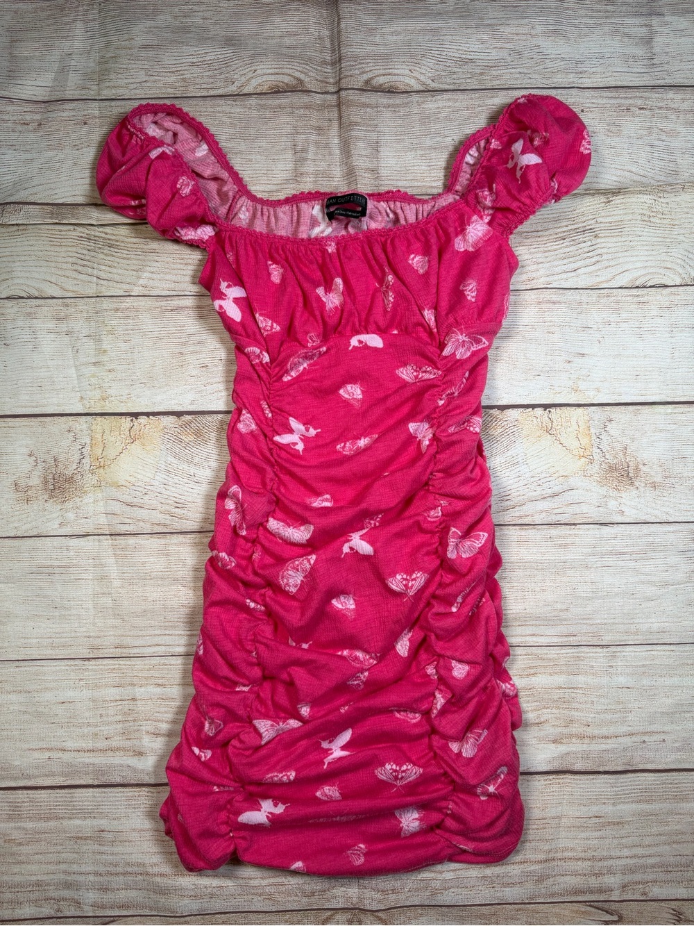 Urban Outfitters‎ Pink Y2K Coquette Ruched Babydoll Butterfly-Print Mini Dress